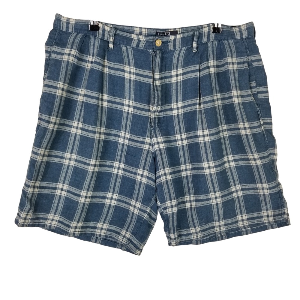 Polo Ralph Lauren Linen Shorts Mens 38 Blue Plaid Pleated Made in USA 27116-3301